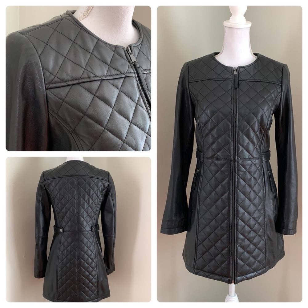 JONES NEW YORK Black Quilted Leather Fitted Trench Coat…GORGEOUS butter leather!